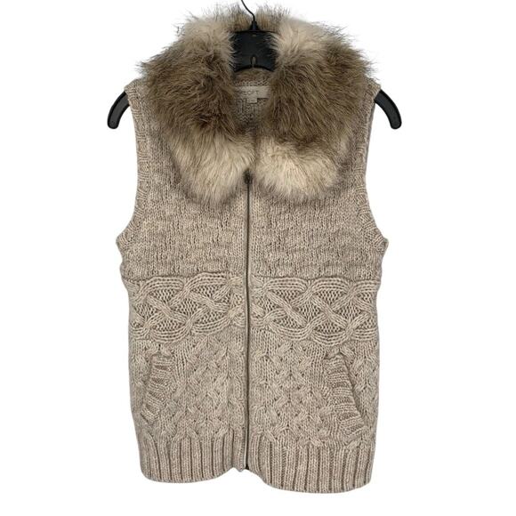 Loft Cable Knit Sweater Vest Wool Blend Faux Fur Collar Zip Up Pockets Brown M - Picture 1 of 6